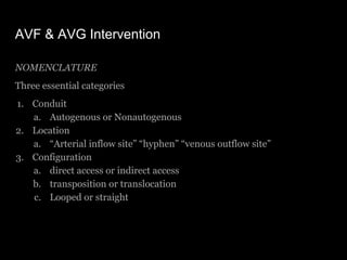 AVF & AVG Intervention
NOMENCLATURE
Three essential categories
1. Conduit
a. Autogenous or Nonautogenous
2. Location
a. “A...