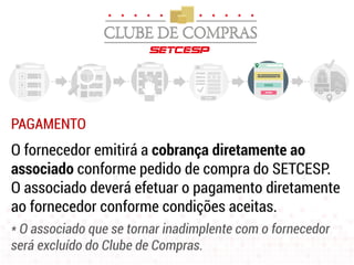 PAGAMENTO
O fornecedor emitirá a cobrança diretamente ao
associado conforme pedido de compra do SETCESP.
O associado deverá efetuar o pagamento diretamente
ao fornecedor conforme condições aceitas.
* O associado que se tornar inadimplente com o fornecedor
será excluído do Clube de Compras.
 
