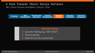A Path Towards (More) Secure Software
SAP’s Secure Software Development Lifecycle (S2DL)
Training
Risk
Identiﬁcation
Plan Security
Measures
Secure
Development
Security
Testing
Security
Validation
Security
Response
Security Testing
Dynamic Testing (e.g., IAST, DAST)
Manual testing
External security assessment
c 2017 LogicalHacking.com. Public (CC BY-NC-ND 4.0) Page 6 of 18
 