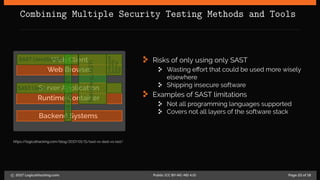 Combining Multiple Security Testing Methods and Tools
Web Client
Web Browser
Server Application
Runtime Container
Backend Systems
ToolA(e.g.,DAST)
ToolB(e.g.,IAST)
In-Browser
Security
Testing
Tool
SAST (Java)
SAST (JavaScript)
https://logicalhacking.com/blog/2017/01/11/sast-vs-dast-vs-iast/
Risks of only using only SAST
Wasting effort that could be used more wisely
elsewhere
Shipping insecure software
Examples of SAST limitations
Not all programming languages supported
Covers not all layers of the software stack
c 2017 LogicalHacking.com. Public (CC BY-NC-ND 4.0) Page 22 of 18
 