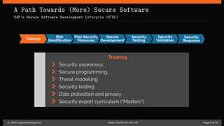 A Path Towards (More) Secure Software
SAP’s Secure Software Development Lifecycle (S2DL)
Training
Risk
Identiﬁcation
Plan Security
Measures
Secure
Development
Security
Testing
Security
Validation
Security
Response
Training
Security awareness
Secure programming
Threat modelling
Security testing
Data protection and privacy
Security expert curriculum (“Masters”)
c 2017 LogicalHacking.com. Public (CC BY-NC-ND 4.0) Page 6 of 18
 