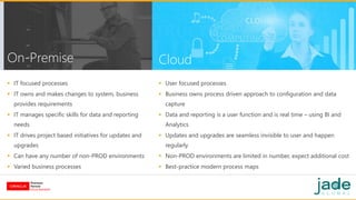 On-Premise
 IT focused processes
 IT owns and makes changes to system, business
provides requirements
 IT manages specific skills for data and reporting
needs
 IT drives project based initiatives for updates and
upgrades
 Can have any number of non-PROD environments
 Varied business processes
 User focused processes
 Business owns process driven approach to configuration and data
capture
 Data and reporting is a user function and is real time – using BI and
Analytics
 Updates and upgrades are seamless invisible to user and happen
regularly
 Non-PROD environments are limited in number, expect additional cost
 Best-practice modern process maps
Cloud
 