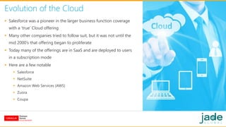 Evolution of the Cloud
 Salesforce was a pioneer in the larger business function coverage
with a ‘true’ Cloud offering
 Many other companies tried to follow suit, but it was not until the
mid 2000’s that offering began to proliferate
 Today many of the offerings are in SaaS and are deployed to users
in a subscription mode
 Here are a few notable
 Salesforce
 NetSuite
 Amazon Web Services (AWS)
 Zuora
 Coupa
 