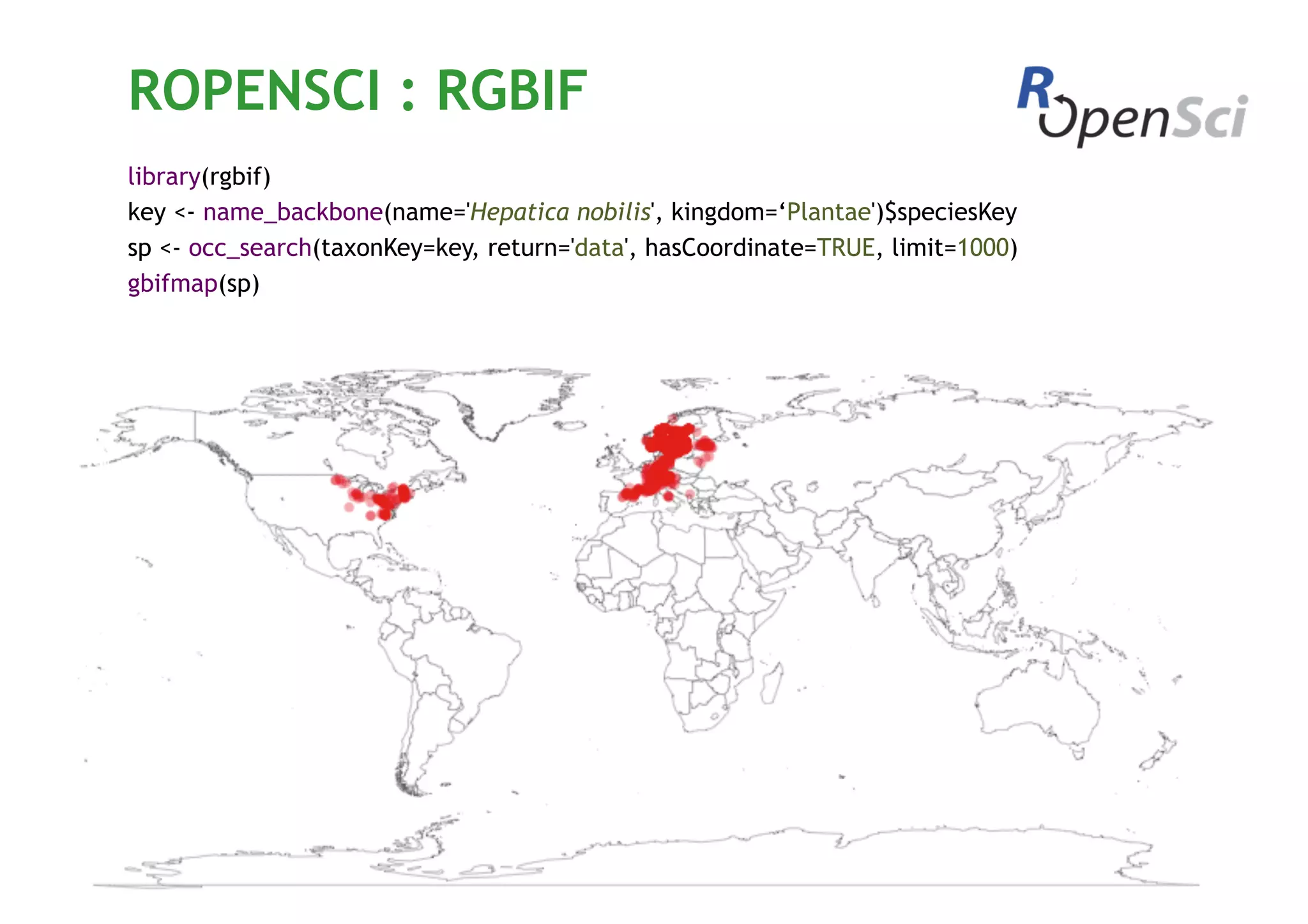 ROPENSCI : RGBIF
library(rgbif)
key <- name_backbone(name='Hepatica nobilis', kingdom=‘Plantae')$speciesKey
sp <- occ_search(taxonKey=key, return='data', hasCoordinate=TRUE, limit=1000)
gbifmap(sp)
 