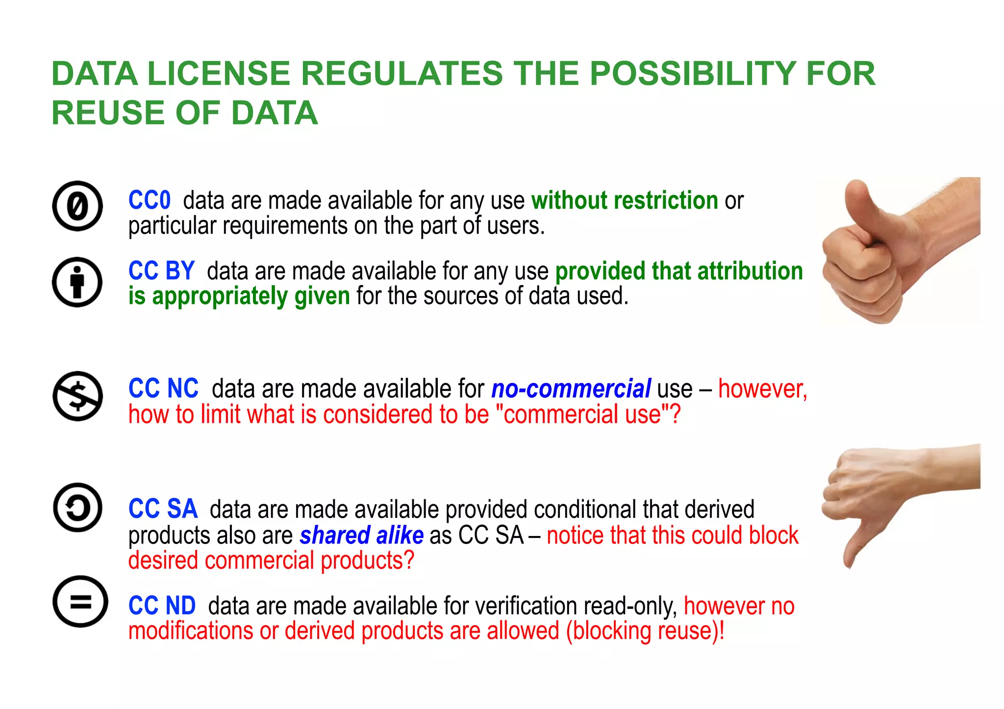 DATA LICENSE REGULATES THE POSSIBILITY FOR
REUSE OF DATA
•  CC0 data are made available for any use without restriction or
particular requirements on the part of users.
•  CC BY data are made available for any use provided that attribution
is appropriately given for the sources of data used.
•  CC NC data are made available for no-commercial use – however,
how to limit what is considered to be "commercial use"?
•  CC SA data are made available provided conditional that derived
products also are shared alike as CC SA – notice that this could block
desired commercial products?
•  CC ND data are made available for verification read-only, however no
modifications or derived products are allowed (blocking reuse)!
 