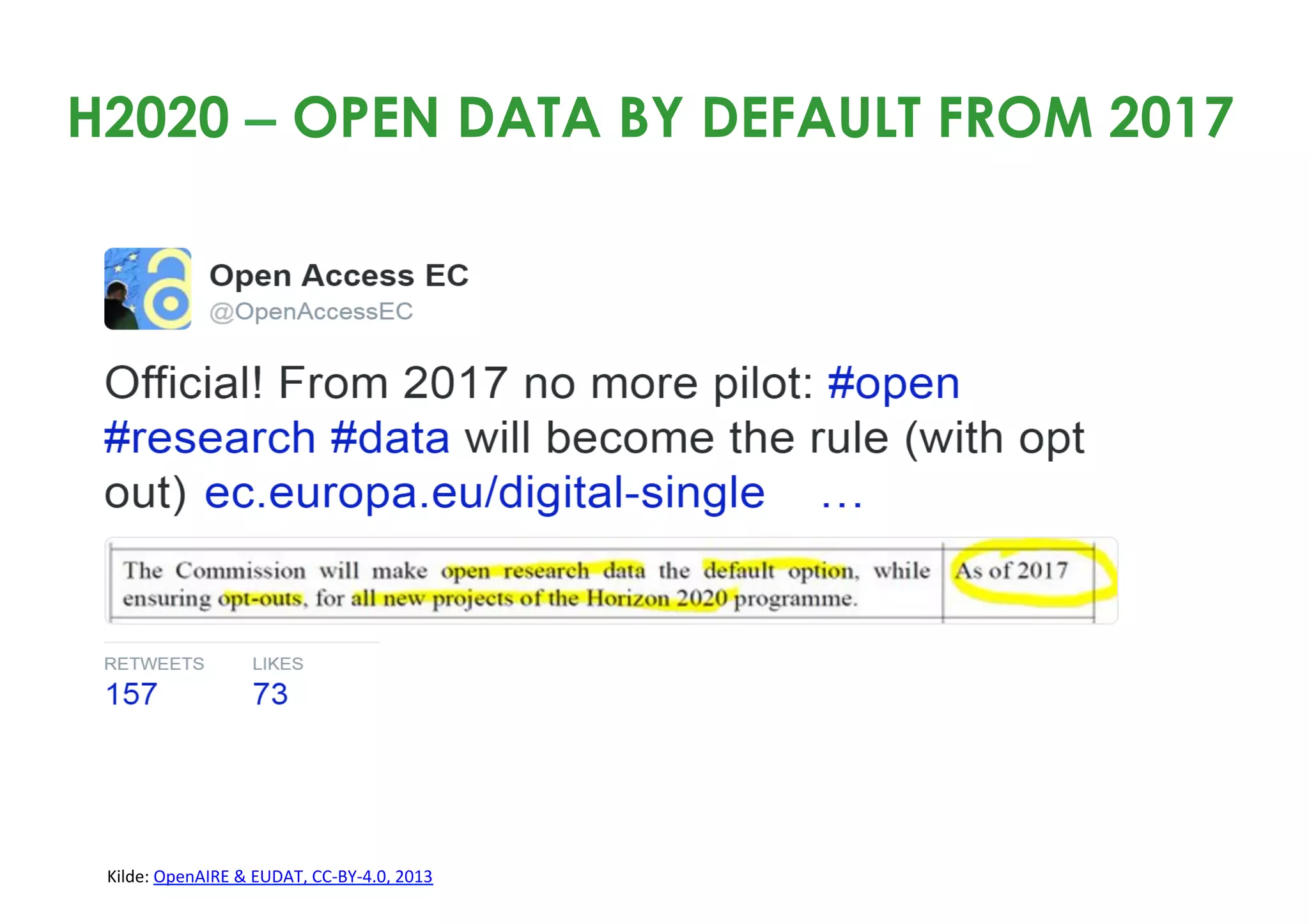 H2020 – OPEN DATA BY DEFAULT FROM 2017
Kilde:	OpenAIRE	&	EUDAT,	CC-BY-4.0,	2013	
 