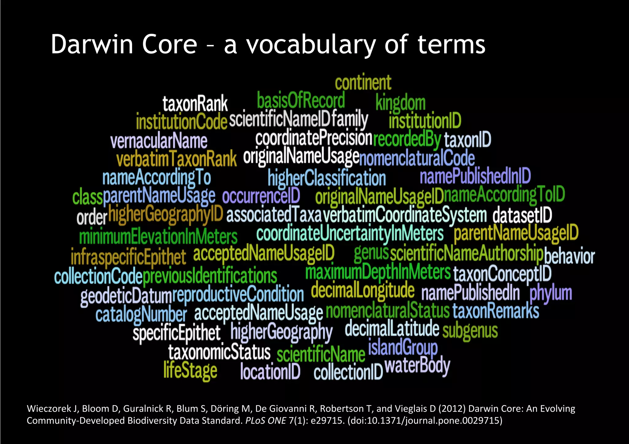 Darwin Core – a vocabulary of terms
Wieczorek	J,	Bloom	D,	Guralnick	R,	Blum	S,	Döring	M,	De	Giovanni	R,	Robertson	T,	and	Vieglais	D	(2012)	Darwin	Core:	An	Evolving	
Community-Developed	Biodiversity	Data	Standard.	PLoS	ONE	7(1):	e29715.	(doi:10.1371/journal.pone.0029715)	
 