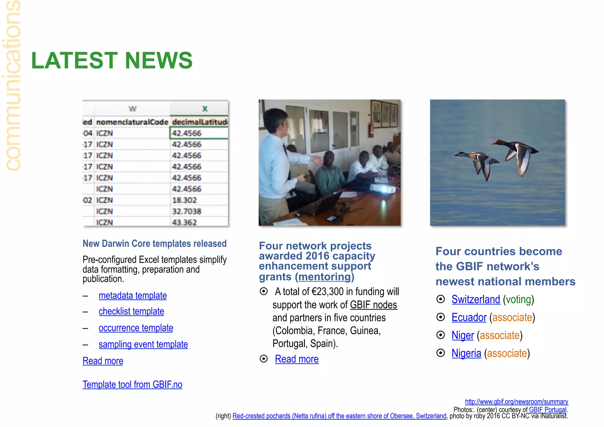 LATEST NEWS
Four network projects
awarded 2016 capacity
enhancement support
grants (mentoring)
¤  A total of €23,300 in funding will
support the work of GBIF nodes
and partners in five countries
(Colombia, France, Guinea,
Portugal, Spain).
¤  Read more
http://www.gbif.org/newsroom/summary
Photos:. (center) courtesy of GBIF Portugal.
(right) Red-crested pochards (Netta rufina) off the eastern shore of Obersee, Switzerland, photo by roby 2016 CC BY-NC via iNaturalist.
communication
Four countries become
the GBIF network’s
newest national members
¤  Switzerland (voting)
¤  Ecuador (associate)
¤  Niger (associate)
¤  Nigeria (associate)
New Darwin Core templates released
Pre-configured Excel templates simplify
data formatting, preparation and
publication.
–  metadata template
–  checklist template
–  occurrence template
–  sampling event template
Read more
Template tool from GBIF.no
 