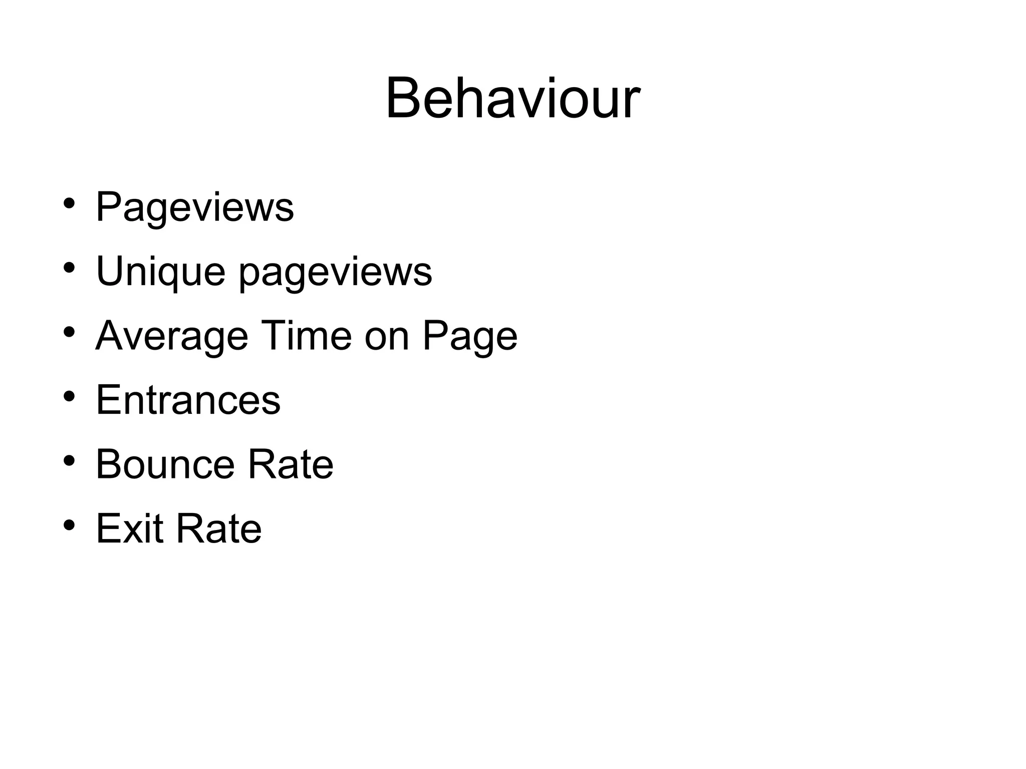 Behaviour

Pageviews

Unique pageviews

Average Time on Page

Entrances

Bounce Rate

Exit Rate
 