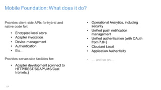 17
Mobile Foundation: What does it do?
Provides client-side APIs for hybrid and
native code for:
• Encrypted local store
• Adapter invocation
• Device management
• Authentication
• Etc…
Provides server-side facilities for:
• Adapter development (connect to
HTTP/REST/SOAP/JMS/Cast
Iron/etc.)
• Operational Analytics, including
security
• Unified push notification
management
• Unified authentication (with OAuth
from 7.0+)
• Cloudant Local
• Application Authenticity
• … and so on...
 