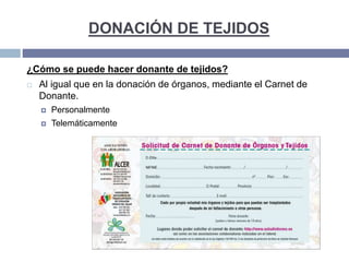 DONACIÓN DE TEJIDOS
¿Cómo se puede hacer donante de tejidos?
 Al igual que en la donación de órganos, mediante el Carnet de
Donante.
 Personalmente
 Telemáticamente
 