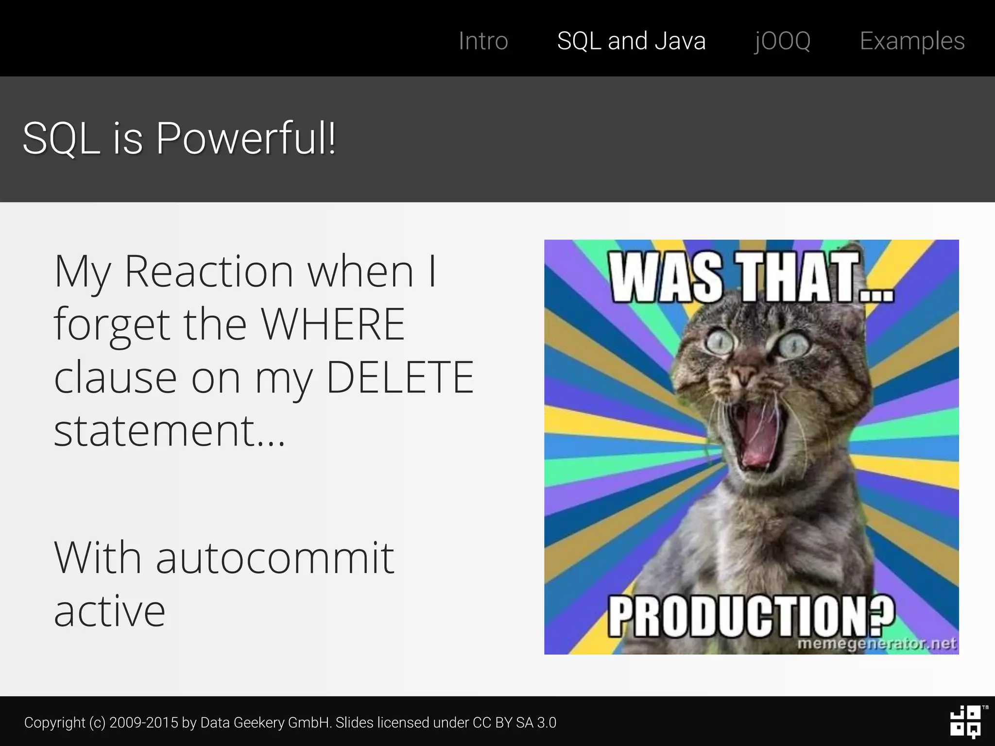 Copyright (c) 2009-2015 by Data Geekery GmbH. Slides licensed under CC BY SA 3.0
Intro SQL and Java jOOQ Examples
SQL is Powerful!
My Reaction when I
forget the WHERE
clause on my DELETE
statement…
With autocommit
active
 