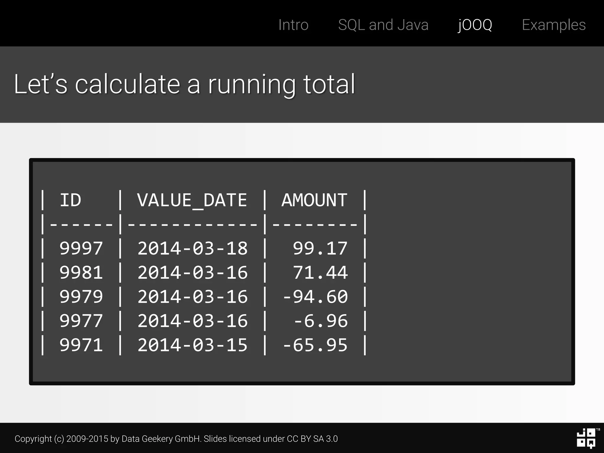 Copyright (c) 2009-2015 by Data Geekery GmbH. Slides licensed under CC BY SA 3.0
Intro SQL and Java jOOQ Examples
Let’s calculate a running total
| ID | VALUE_DATE | AMOUNT |
|------|------------|--------|
| 9997 | 2014-03-18 | 99.17 |
| 9981 | 2014-03-16 | 71.44 |
| 9979 | 2014-03-16 | -94.60 |
| 9977 | 2014-03-16 | -6.96 |
| 9971 | 2014-03-15 | -65.95 |
 