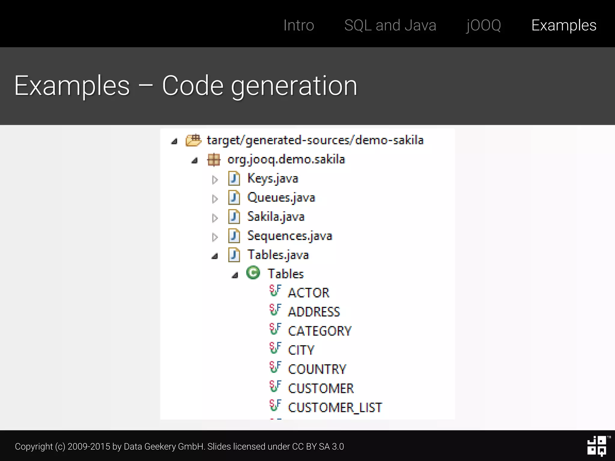 Copyright (c) 2009-2015 by Data Geekery GmbH. Slides licensed under CC BY SA 3.0
Intro SQL and Java jOOQ Examples
Examples – Code generation
 