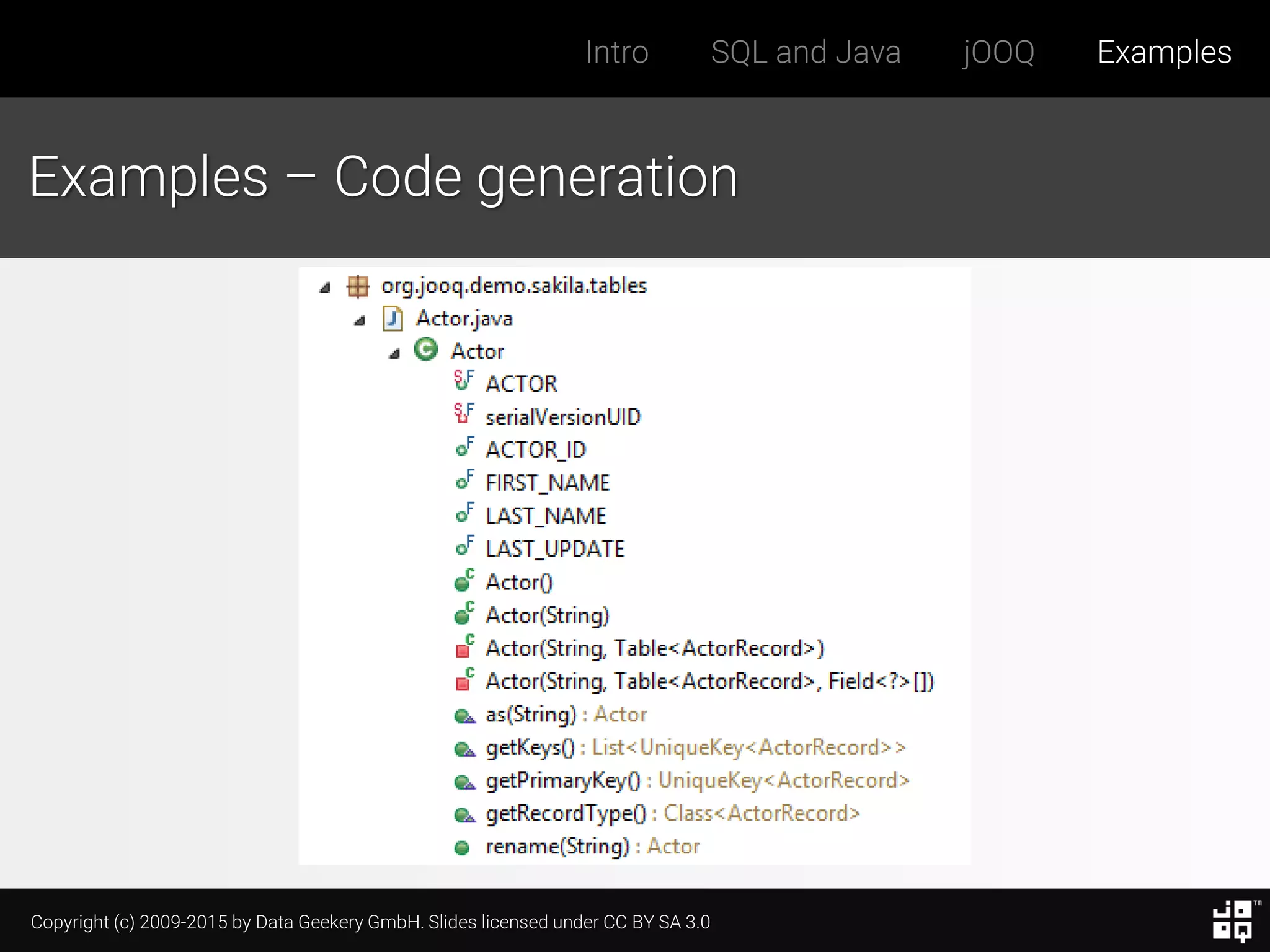 Copyright (c) 2009-2015 by Data Geekery GmbH. Slides licensed under CC BY SA 3.0
Intro SQL and Java jOOQ Examples
Examples – Code generation
 