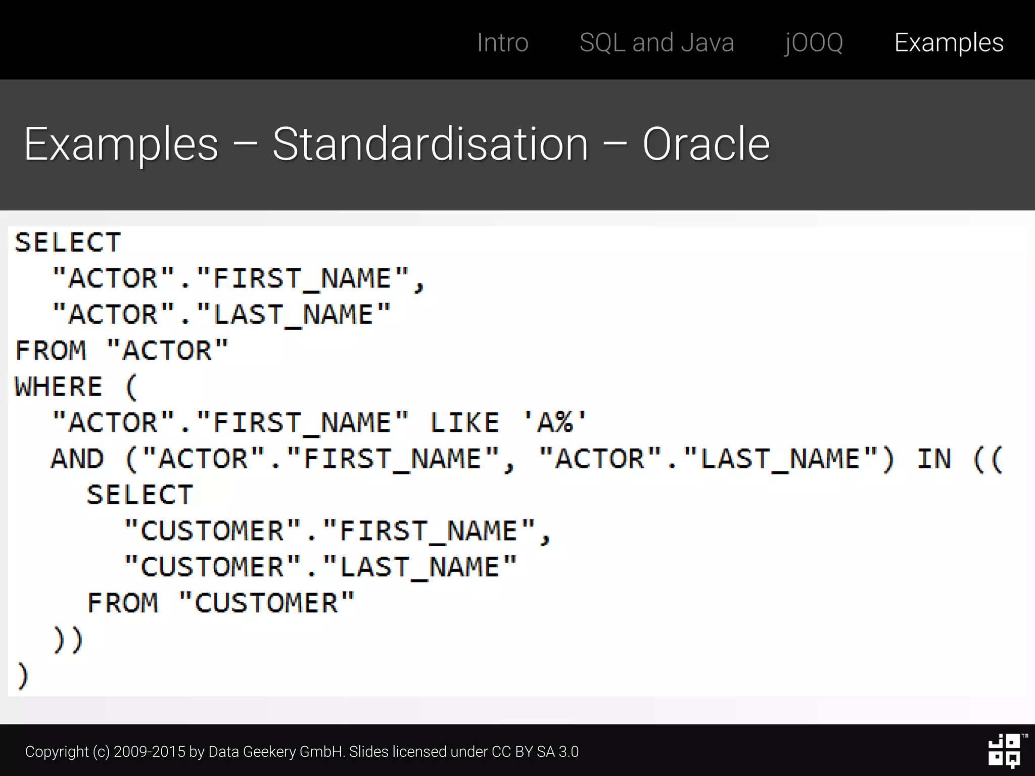 Copyright (c) 2009-2015 by Data Geekery GmbH. Slides licensed under CC BY SA 3.0
Intro SQL and Java jOOQ Examples
Examples – Standardisation – Oracle
 