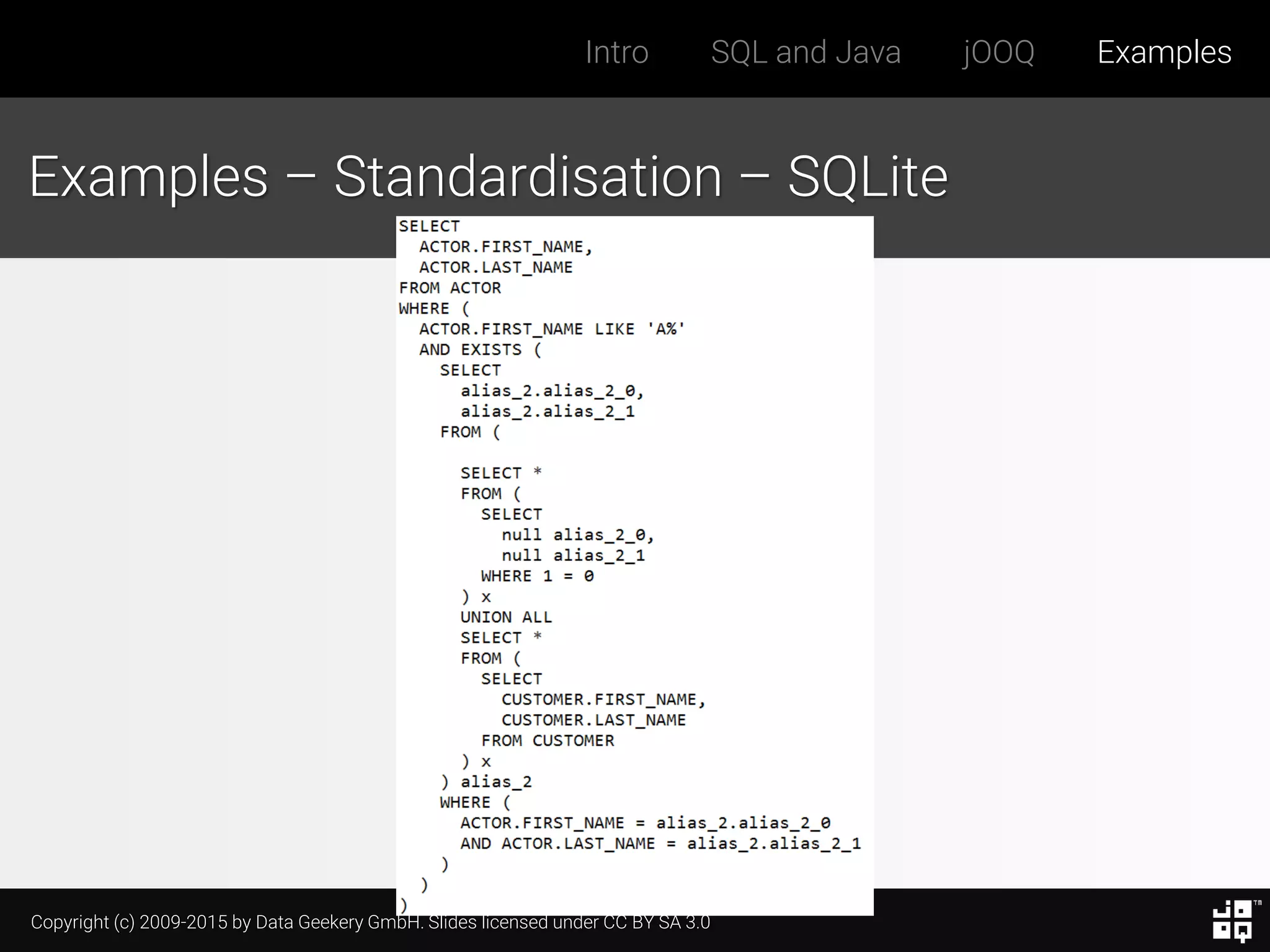 Copyright (c) 2009-2015 by Data Geekery GmbH. Slides licensed under CC BY SA 3.0
Intro SQL and Java jOOQ Examples
Examples – Standardisation – SQLite
 