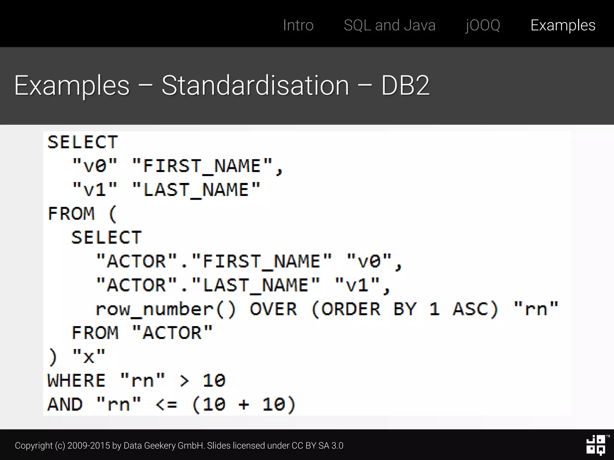 Copyright (c) 2009-2015 by Data Geekery GmbH. Slides licensed under CC BY SA 3.0
Intro SQL and Java jOOQ Examples
Examples – Standardisation – DB2
 