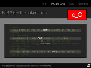 Copyright (c) 2009-2015 by Data Geekery GmbH. Slides licensed under CC BY SA 3.0
Intro SQL and Java jOOQ Examples
EJB 2.0 – the naked truth
<pool>
<max-beans-in-free-pool>100</max-beans-in-free-pool>
</pool>
<entity-cache>
<max-beans-in-cache>500</max-beans-in-cache>
<idle-timeout-seconds>10</idle-timeout-seconds>
<concurrency-strategy>Database</concurrency-strategy>
</entity-cache>
<persistence>
<delay-updates-until-end-of-tx>True</delay-updates-…>
</persistence>
o_O
 