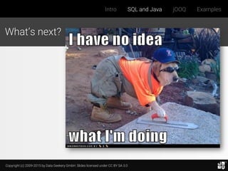 Copyright (c) 2009-2015 by Data Geekery GmbH. Slides licensed under CC BY SA 3.0
Intro SQL and Java jOOQ Examples
What’s next?
 