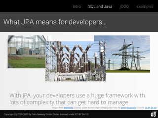 Copyright (c) 2009-2015 by Data Geekery GmbH. Slides licensed under CC BY SA 3.0
Intro SQL and Java jOOQ Examples
What JPA means for developers…
Images from Wikimedia. License: public domain. High voltage power lines by Simon Koopmann. License: CC-BY SA 3.0
With JPA, your developers use a huge framework with
lots of complexity that can get hard to manage
 