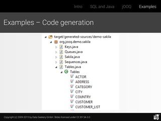 Copyright (c) 2009-2015 by Data Geekery GmbH. Slides licensed under CC BY SA 3.0
Intro SQL and Java jOOQ Examples
Examples – Code generation
 