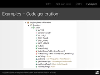 Copyright (c) 2009-2015 by Data Geekery GmbH. Slides licensed under CC BY SA 3.0
Intro SQL and Java jOOQ Examples
Examples – Code generation
 