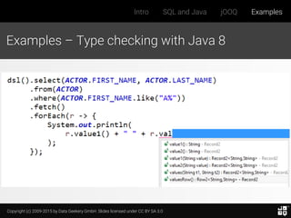 Copyright (c) 2009-2015 by Data Geekery GmbH. Slides licensed under CC BY SA 3.0
Intro SQL and Java jOOQ Examples
Examples – Type checking with Java 8
 