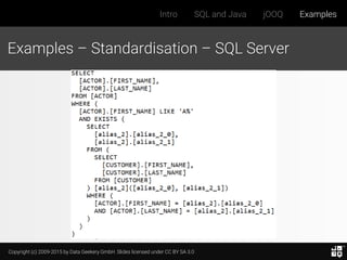 Copyright (c) 2009-2015 by Data Geekery GmbH. Slides licensed under CC BY SA 3.0
Intro SQL and Java jOOQ Examples
Examples – Standardisation – SQL Server
 