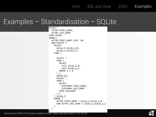 Copyright (c) 2009-2015 by Data Geekery GmbH. Slides licensed under CC BY SA 3.0
Intro SQL and Java jOOQ Examples
Examples – Standardisation – SQLite
 
