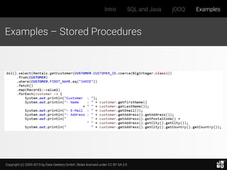 Copyright (c) 2009-2015 by Data Geekery GmbH. Slides licensed under CC BY SA 3.0
Intro SQL and Java jOOQ Examples
Examples – Stored Procedures
 
