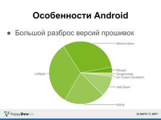 Особенности Android
● Большой разброс версий прошивок
 