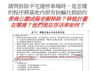 請問拆除平宅建停車場時，是怎樣
的程序將基地內原有扶輪社捐助的
青商公園成蔭老樹移除？移植計畫
在哪裡？他們現在存活率如何？
 