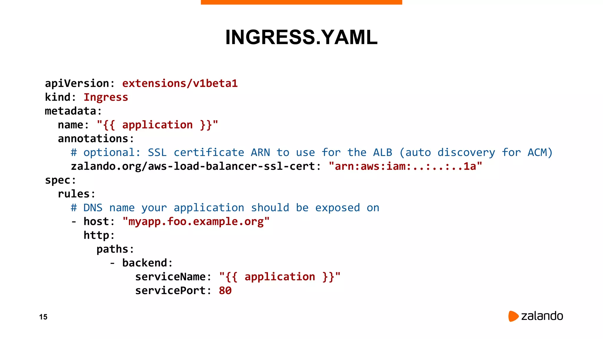 15
INGRESS.YAML
apiVersion: extensions/v1beta1
kind: Ingress
metadata:
name: "{{ application }}"
annotations:
# optional: SSL certificate ARN to use for the ALB (auto discovery for ACM)
zalando.org/aws-load-balancer-ssl-cert: "arn:aws:iam:..:..:..1a"
spec:
rules:
# DNS name your application should be exposed on
- host: "myapp.foo.example.org"
http:
paths:
- backend:
serviceName: "{{ application }}"
servicePort: 80
 