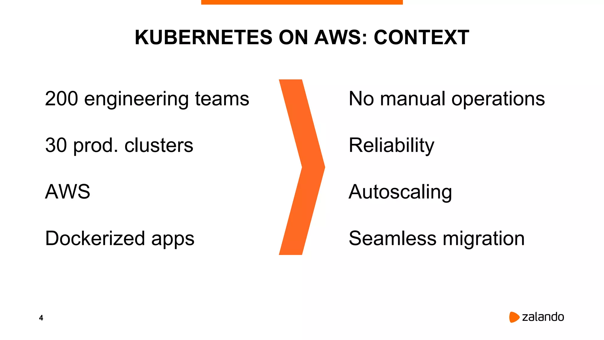 4
KUBERNETES ON AWS: CONTEXT
200 engineering teams
30 prod. clusters
AWS
Dockerized apps
No manual operations
Reliability
Autoscaling
Seamless migration
 