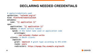 26
MOUNTING THE OAUTH CREDENTIALS
kind: Deployment
spec:
template:
spec:
containers:
- name: ...
...
volumeMounts:
- name:...