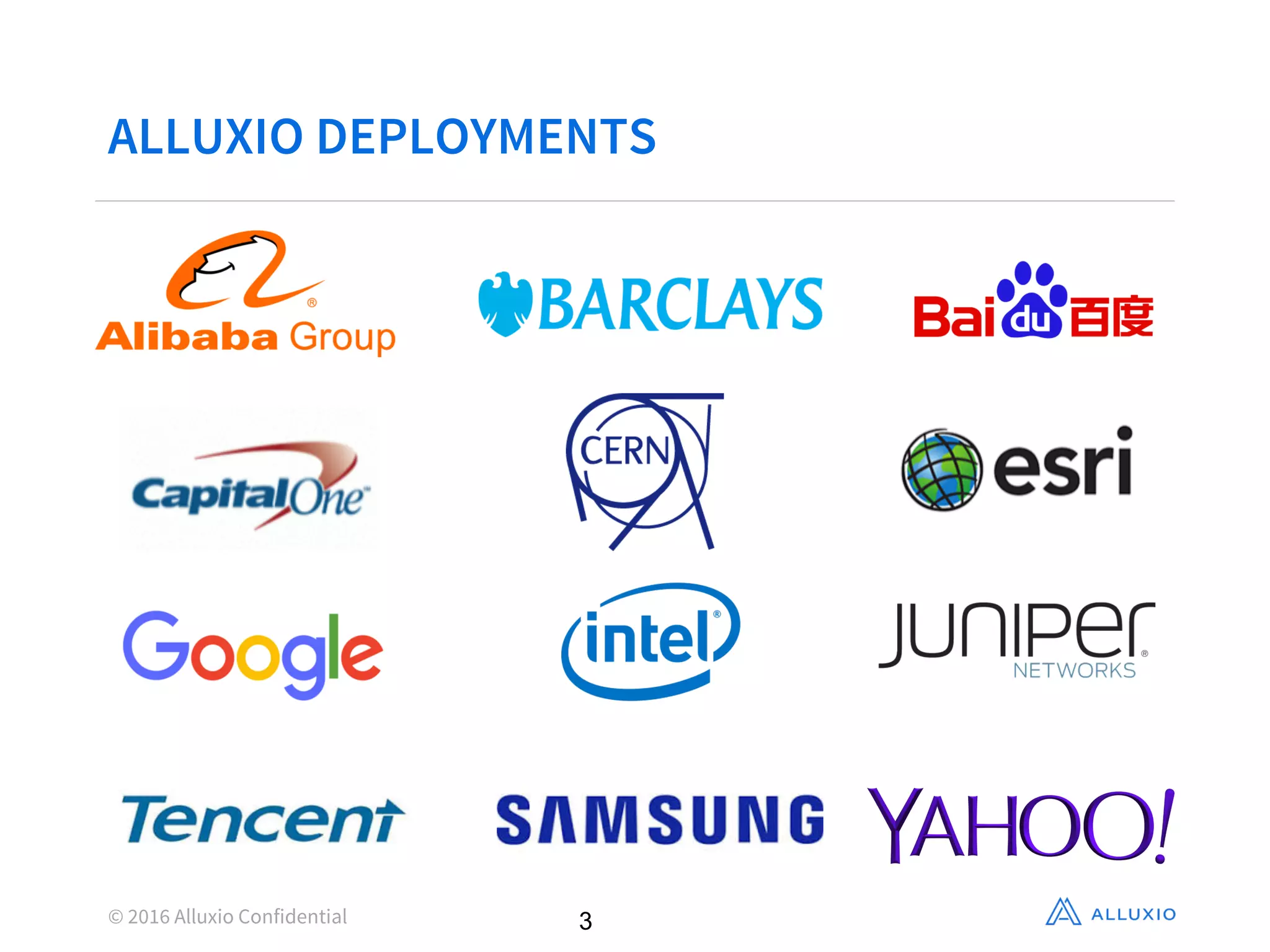 ALLUXIO DEPLOYMENTS
© 2016 Alluxio Confidential 3
 