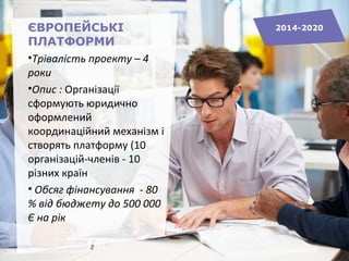 ЄВРОПЕЙСЬКІ
ПЛАТФОРМИ
•Трівалість проекту – 4
роки
•Опис : Організації
сформують юридично
оформлений
координаційний механізм і
створять платформу (10
організацій-членів - 10
різних країн
• Обсяг фінансування - 80
% від бюджету до 500 000
Є на рік
2014-2020
 