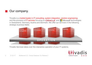 Our company.
Multitenant 2.0 - Oracle Database 12c Release 22 21.03.17
Trivadis is a market leader in IT consulting, syste...