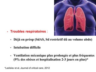 • Troubles respiratoires :
• Déjà en préop (SdAS, Sd restrictif dû au volume abdo)
• Intubation difficile
• Ventilation mécanique plus prolongée et plus fréquentes
(9% des obèses et hospitalisation 2-3 jours en plus)*
*Ladislav et al, Journal of critical care, 2012
 