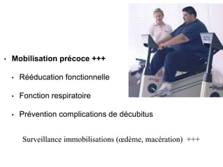 • Mobilisation précoce +++
• Rééducation fonctionnelle
• Fonction respiratoire
• Prévention complications de décubitus
Surveillance immobilisations (œdème, macération) +++
 