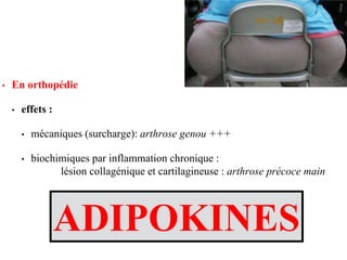 • En orthopédie
• effets :
• mécaniques (surcharge): arthrose genou +++
• biochimiques par inflammation chronique :
lésion collagénique et cartilagineuse : arthrose précoce main
ADIPOKINES
 