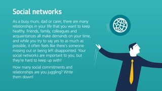 Social networks
As a busy mum, dad or carer, there are many
relationships in your life that you want to keep
healthy. Friends, family, colleagues and
acquaintances all make demands on your time,
and while you try to say yes to as much as
possible, it often feels like there’s someone
missing out or being left disappointed. Your
social networks are important to you, but
they’re hard to keep up with!
How many social commitments and
relationships are you juggling? Write
them down!
 