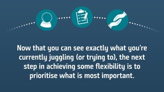 Now that you can see exactly what you’re
currently juggling (or trying to), the next
step in achieving some flexibility is to
prioritise what is most important.
 