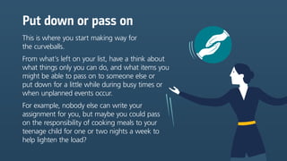 Put down or pass on
This is where you start making way for
the curveballs.
From what’s left on your list, have a think about
what things only you can do, and what items you
might be able to pass on to someone else or
put down for a little while during busy times or
when unplanned events occur.
For example, nobody else can write your
assignment for you, but maybe you could pass
on the responsibility of cooking meals to your
teenage child for one or two nights a week to
help lighten the load?
 