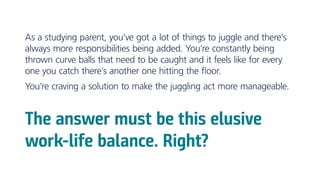 As a studying parent, you’ve got a lot of things to juggle and there’s
always more responsibilities being added. You’re constantly being
thrown curve balls that need to be caught and it feels like for every
one you catch there’s another one hitting the floor.
You’re craving a solution to make the juggling act more manageable.
The answer must be this elusive
work-life balance. Right?
 