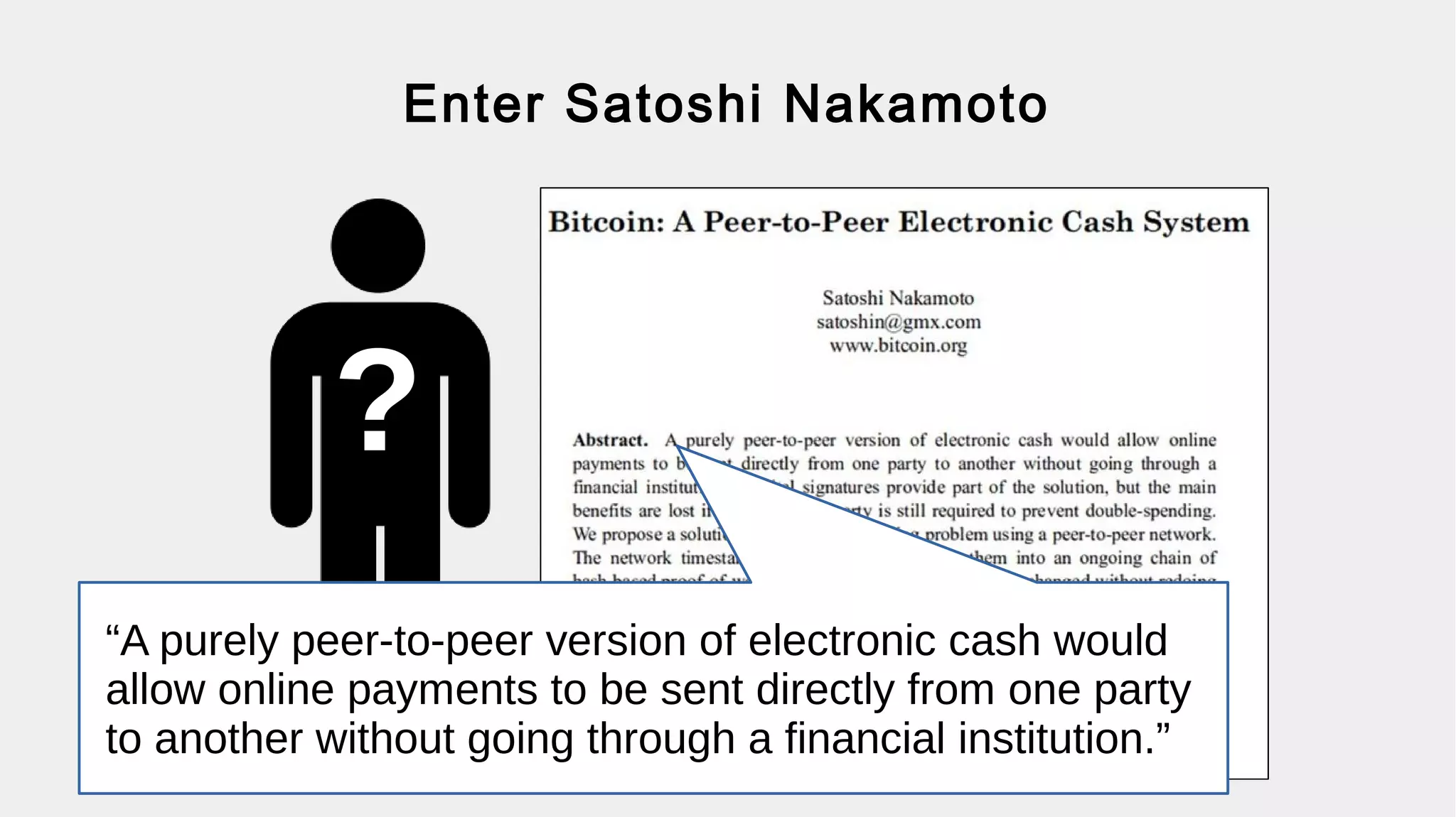 Enter Satoshi Nakamoto
J
?
“A purely peer-to-peer version of electronic cash would
allow online payments to be sent directly from one party
to another without going through a financial institution.”
 