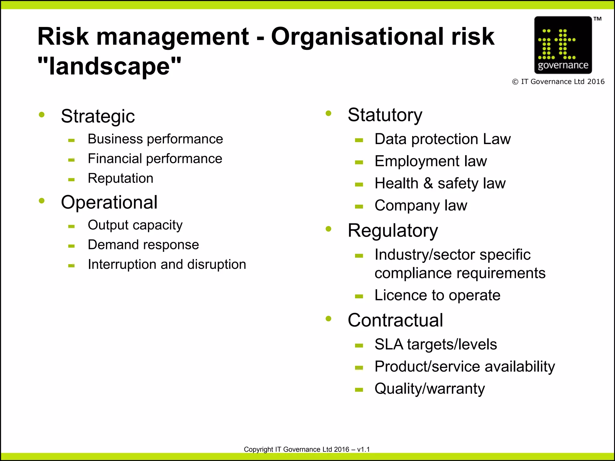 TM
© IT Governance Ltd 2016
Copyright IT Governance Ltd 2016 – v1.1
Risk management - Organisational risk
"landscape"
• Strategic
– Business performance
– Financial performance
– Reputation
• Operational
– Output capacity
– Demand response
– Interruption and disruption
• Statutory
– Data protection Law
– Employment law
– Health & safety law
– Company law
• Regulatory
– Industry/sector specific
compliance requirements
– Licence to operate
• Contractual
– SLA targets/levels
– Product/service availability
– Quality/warranty
 