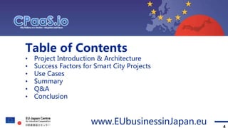 Topic 1 Topic 2 Topic 3 ContactTopic 4
Table of Contents
• Project Introduction & Architecture
• Success Factors for Smart City Projects
• Use Cases
• Summary
• Q&A
• Conclusion
4
www.EUbusinessinJapan.eu
 