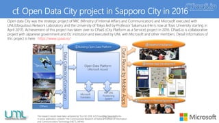 集合場所
20:31 PM●●●●● 100%
cf. Open Data City project in Sapporo City in 2016
Open Data Platform
（Microsoft Azure）
Microsoft
Translator
YRP UNL
Positioning
System
Tourist Info
Public
Tranportation
Sports
Facilities
Sports Event
Others
DataCollection/Conversion
DataReusebyMobileApps
①Building Open Data Platform
②Ideathon/Hackathon
③Mobile App Development
④Evaluation in Festival/Sports events
Open data City was the strategic project of MIC (Ministry of Internal Affairs and Communication) and Microsoft executed with
UNL(Ubiquitous Network Laboratory and the University of Tokyo led by Professor Sakamura (He is now at Toyo University starting in
April 2017). Achievement of this project has taken over to CPaaS (City Platform as a Service) project in 2016. CPaaS.io is collaborative
project with Japanese government and EU institution and executed by UNL with Microsoft and other members. Detail information of
this project is here. https://www.cpaas.io/
The research results have been achieved by "EUJ-02-2016: IoT/Cloud/Big Data platforms
in social application contexts," the Commissioned Research of National Institute of Information
and Communications Technology (NICT), JAPAN.
42April 11, 2017 CPaaS.io
 